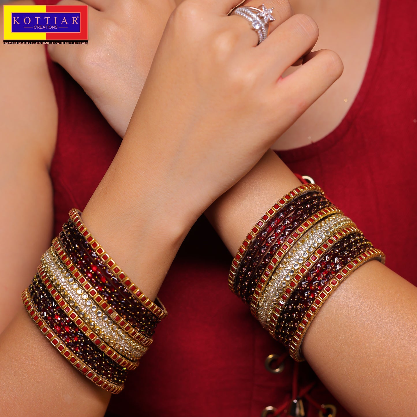 KOTTIAR CREATIONS ALL EYES ON YOUR HANDS Glossy Finished Glass Bangles Set Studded with Zircon Gemstone and Beads For Women and Girls - Pack Of 22
