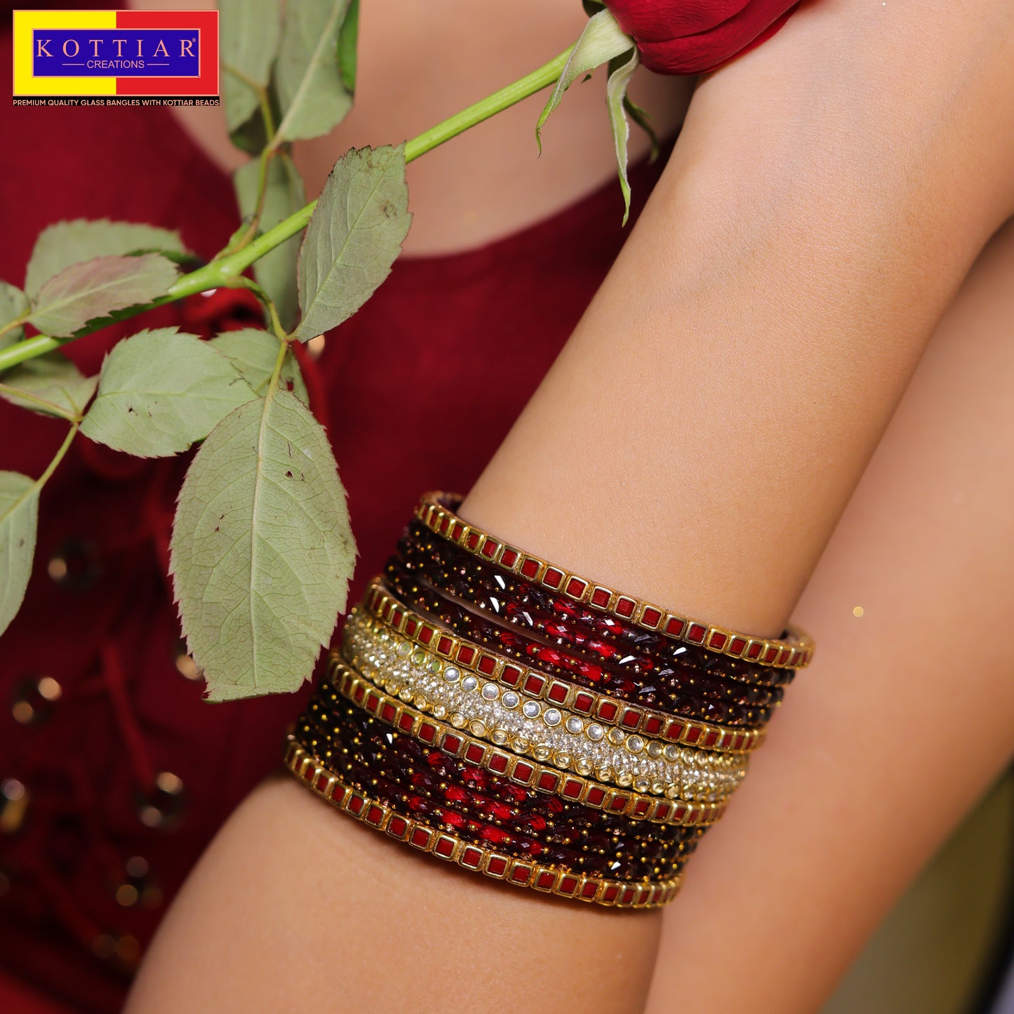 KOTTIAR CREATIONS ALL EYES ON YOUR HANDS Glossy Finished Glass Bangles Set Studded with Zircon Gemstone and Beads For Women and Girls - Pack Of 22