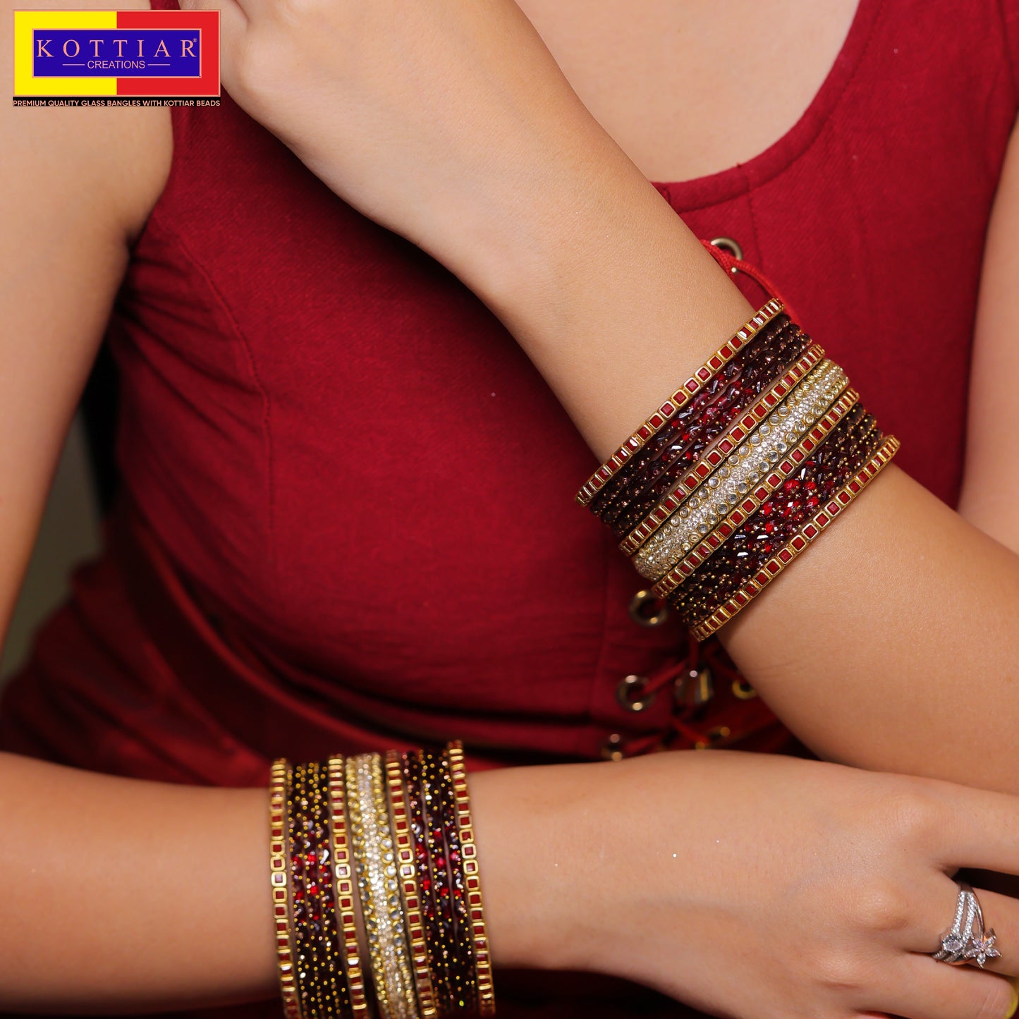 KOTTIAR CREATIONS ALL EYES ON YOUR HANDS Glossy Finished Glass Bangles Set Studded with Zircon Gemstone and Beads For Women and Girls - Pack Of 22