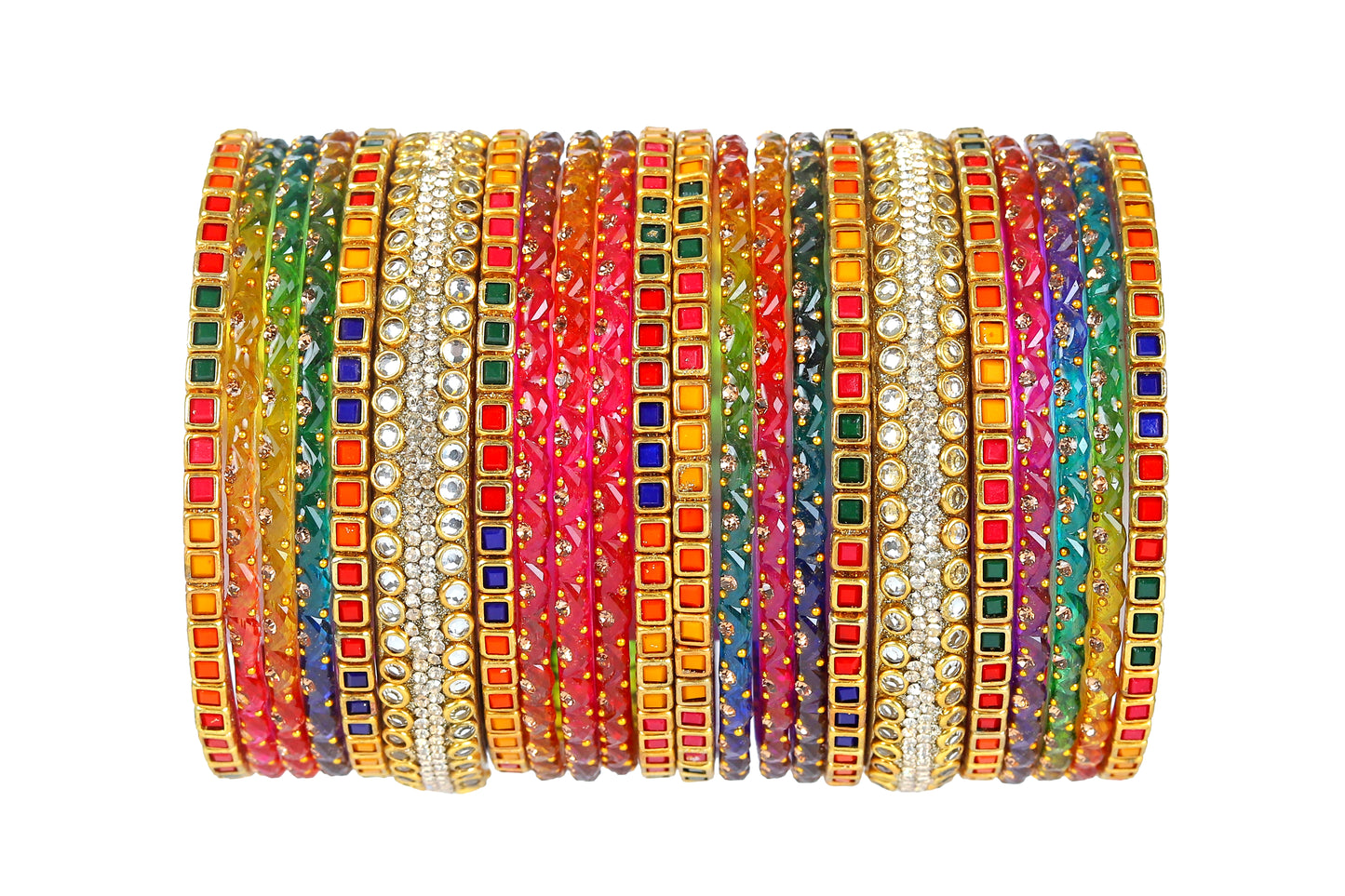 KOTTIAR CREATIONS ALL EYES ON YOUR HANDS Glossy Finished Glass Bangles Set Studded with Zircon Gemstone and Beads For Women and Girls - Pack Of 22