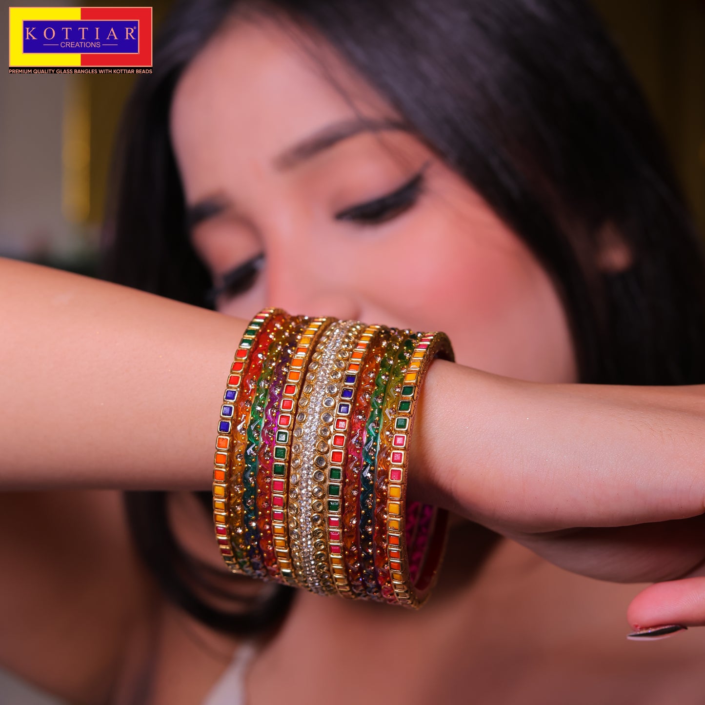 KOTTIAR CREATIONS ALL EYES ON YOUR HANDS Glossy Finished Glass Bangles Set Studded with Zircon Gemstone and Beads For Women and Girls - Pack Of 22