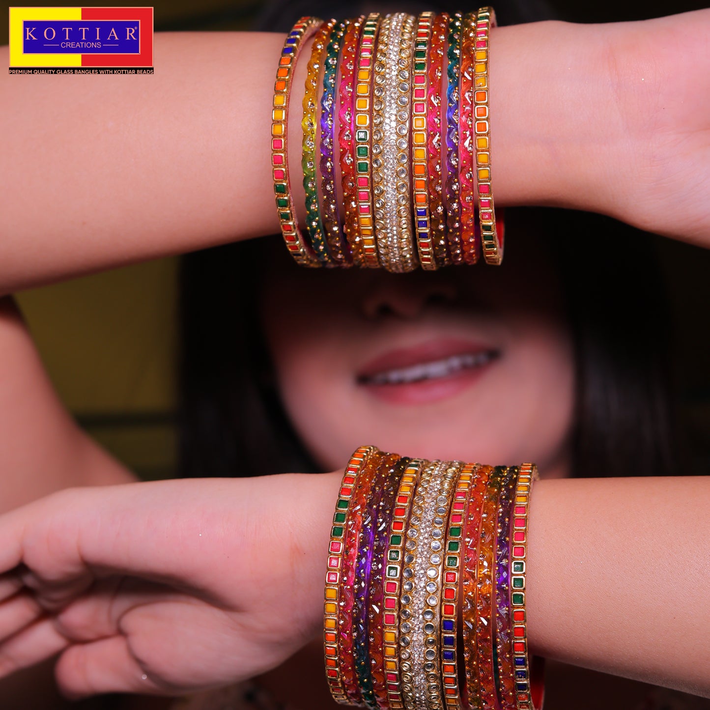 KOTTIAR CREATIONS ALL EYES ON YOUR HANDS Glossy Finished Glass Bangles Set Studded with Zircon Gemstone and Beads For Women and Girls - Pack Of 22