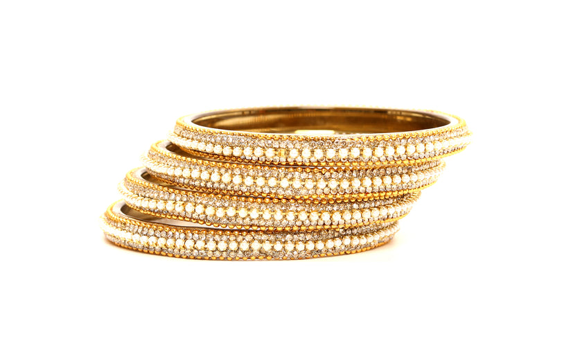 KOTTIAR CREATIONS ALL EYES ON YOUR HANDS Golden Zircon GemStone & Beads Studded Glass Kada Set For Women & Girls | Chudi Set | Glass Bangles For Women - Pack of 4