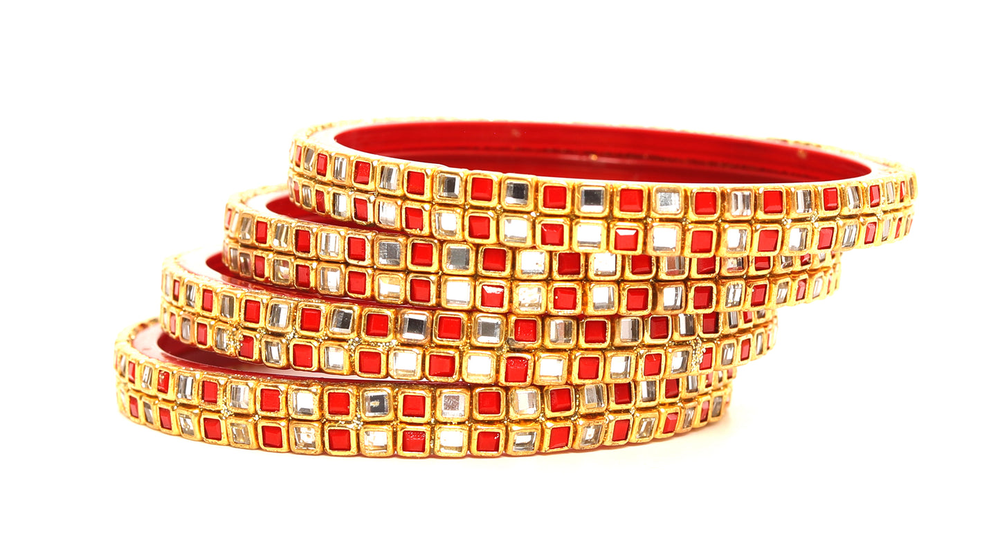 KOTTIAR CREATIONS ALL EYES ON YOUR HANDS Simple and Attractive Glossy Finished Kundan Glass Kada Set For Women and Girls - Pack of 4