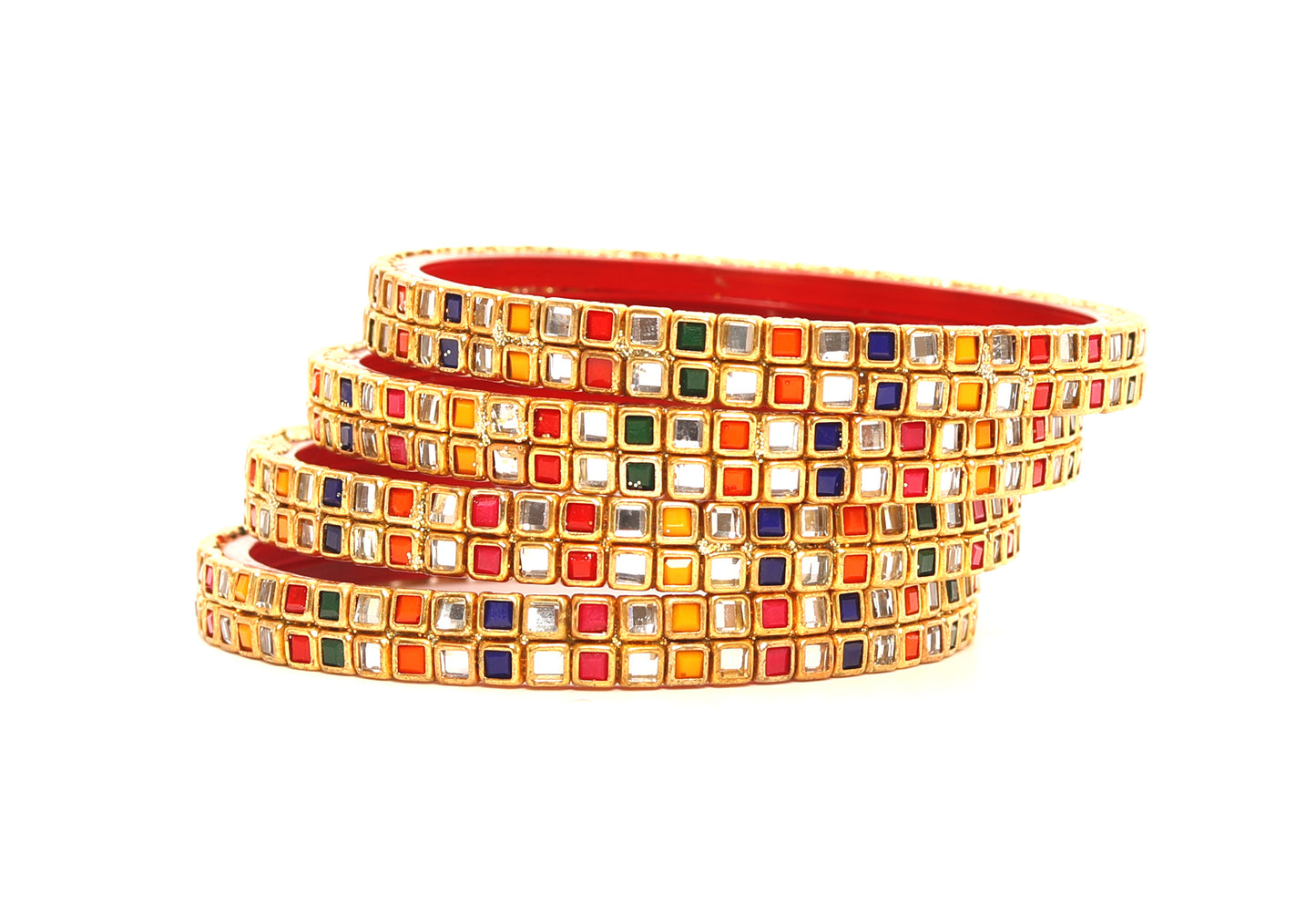 KOTTIAR CREATIONS ALL EYES ON YOUR HANDS Simple and Attractive Glossy Finished Kundan Glass Kada Set For Women and Girls - Pack of 4