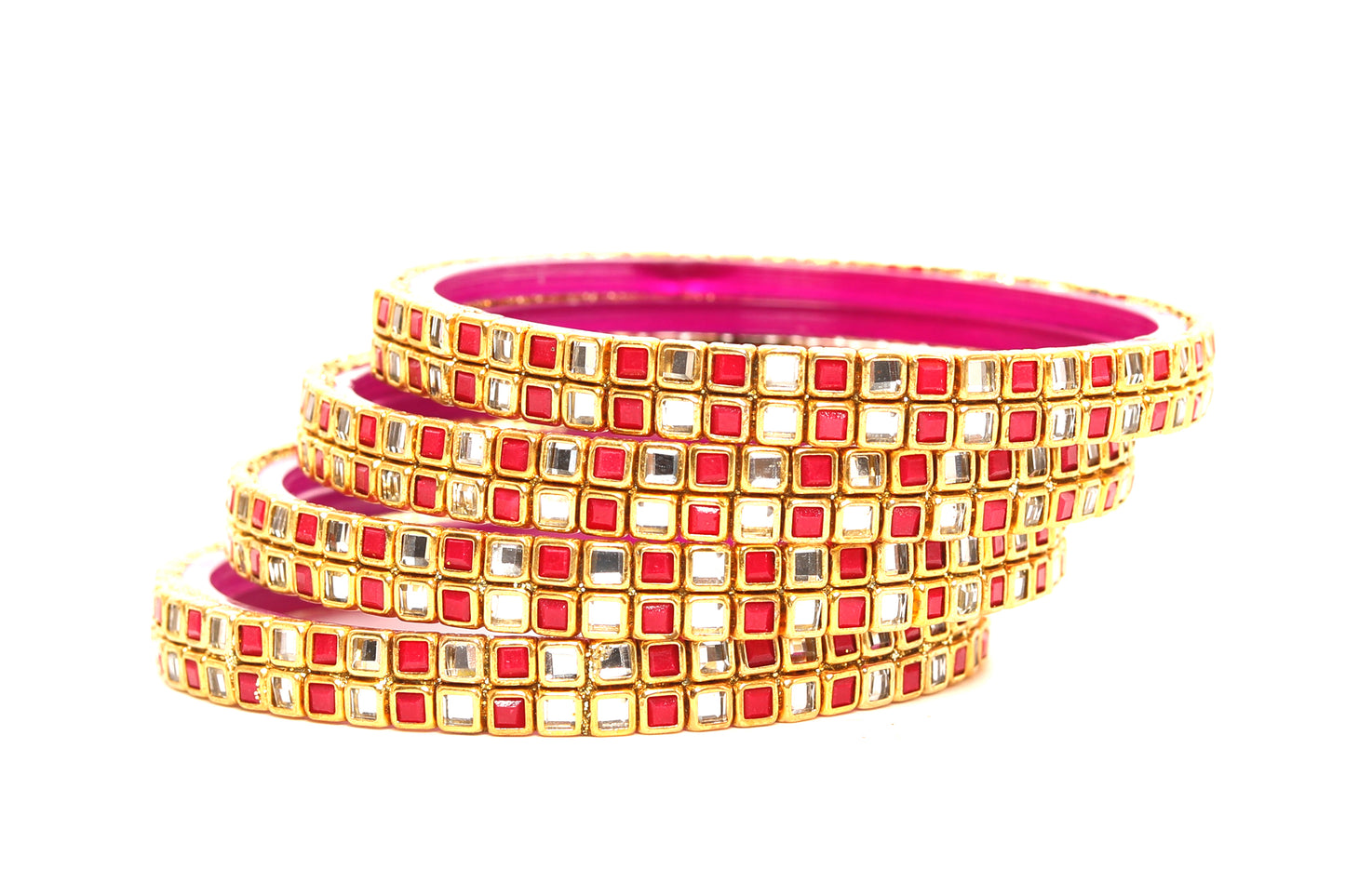KOTTIAR CREATIONS ALL EYES ON YOUR HANDS Simple and Attractive Glossy Finished Kundan Glass Kada Set For Women and Girls - Pack of 4