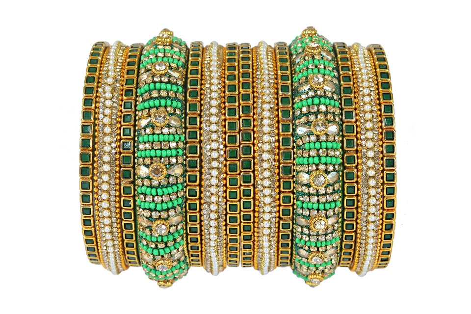 KOTTIAR CREATIONS ALL EYES ON YOUR HANDS Zircon Gemstone and Beads Studded Glossy Finished Glass Bangles Set for Women and Girls | Glass Bangles | Bangles - Pack Of 14