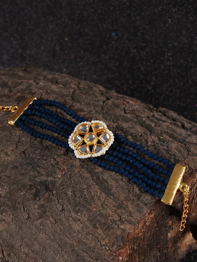Kundan Work Glass Crystal Beads Bracelet Blue