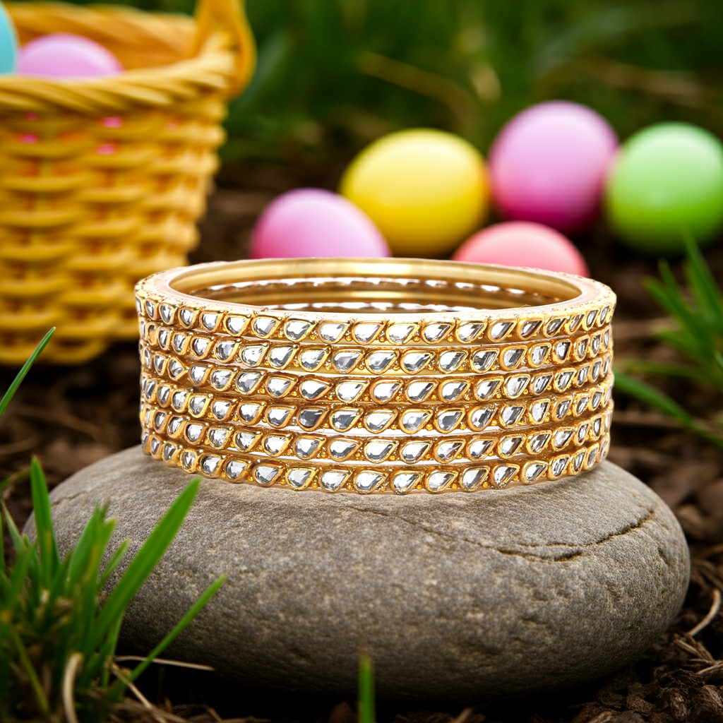 KOTTIAR CREATIONS ALL EYES ON YOUR HANDS Glossy Kundan Design Pattern Glass Bangle Set Studded with Zircon for Women & Girls (Pack of 12)