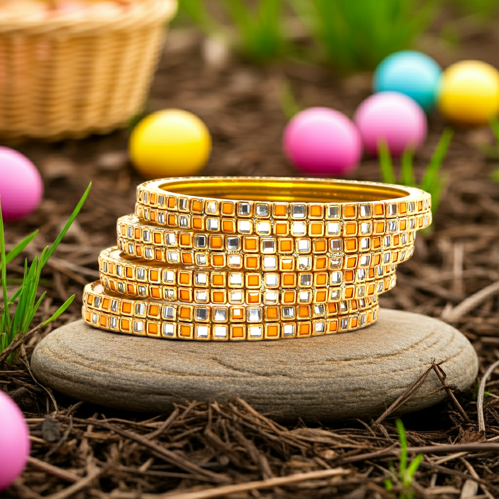 KOTTIAR CREATIONS ALL EYES ON YOUR HANDS Simple and Attractive Glossy Finished Kundan Glass Kada Set For Women and Girls - Pack of 4