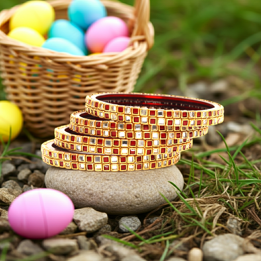 KOTTIAR CREATIONS ALL EYES ON YOUR HANDS Simple and Attractive Glossy Finished Kundan Glass Kada Set For Women and Girls - Pack of 4