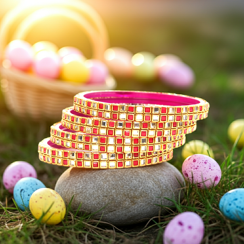 KOTTIAR CREATIONS ALL EYES ON YOUR HANDS Simple and Attractive Glossy Finished Kundan Glass Kada Set For Women and Girls - Pack of 4