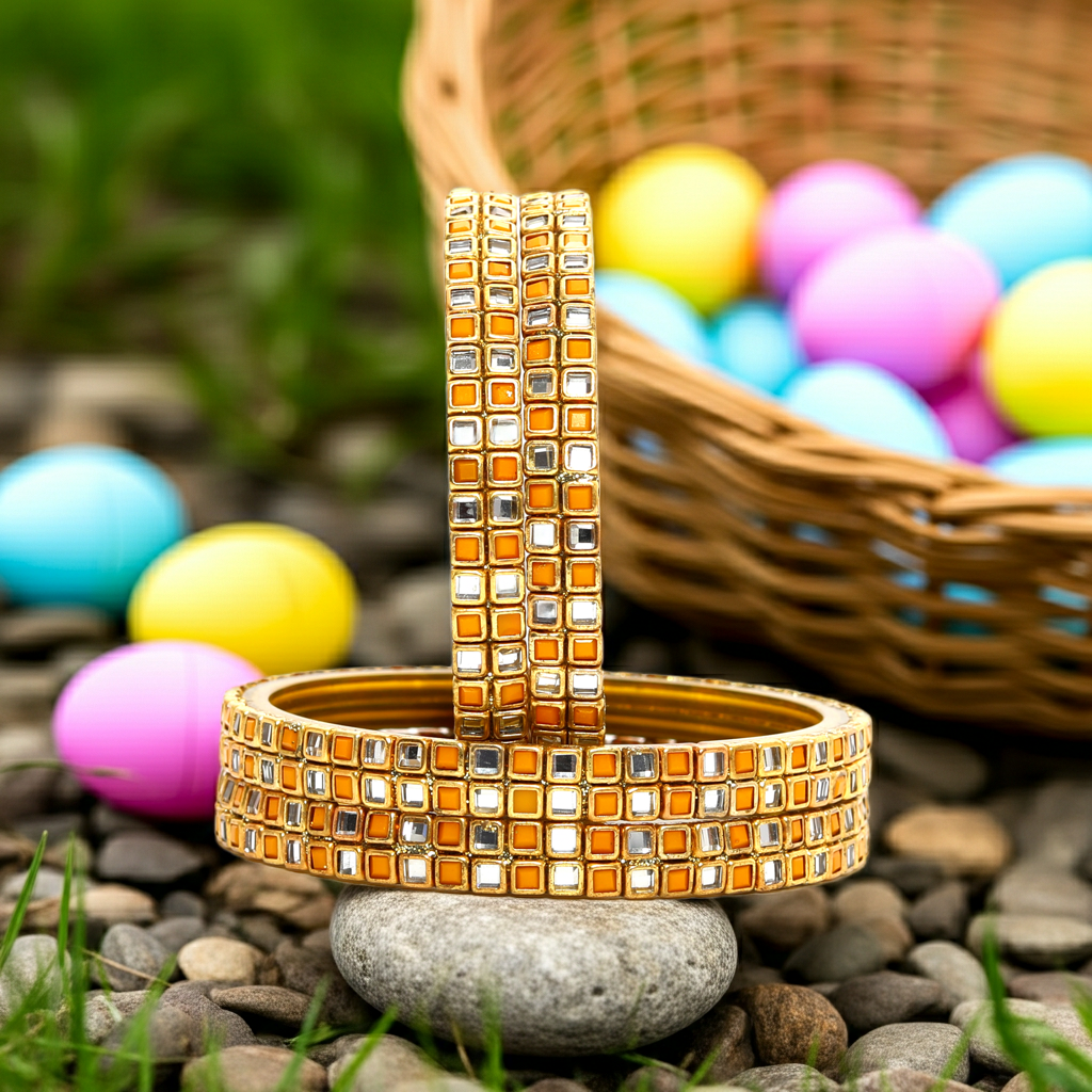 KOTTIAR CREATIONS ALL EYES ON YOUR HANDS Simple and Attractive Glossy Finished Kundan Glass Kada Set For Women and Girls - Pack of 4