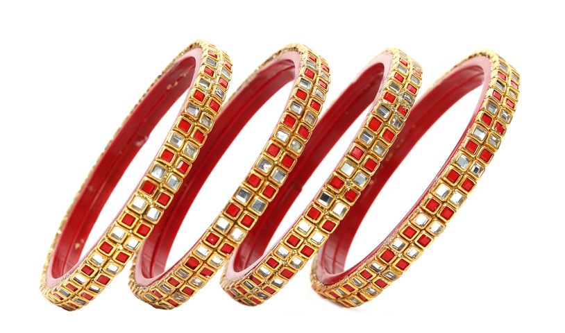 KOTTIAR CREATIONS ALL EYES ON YOUR HANDS Simple and Attractive Glossy Finished Kundan Glass Kada Set For Women and Girls - Pack of 4