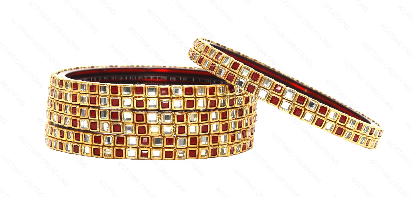 KOTTIAR CREATIONS ALL EYES ON YOUR HANDS Simple and Attractive Glossy Finished Kundan Glass Kada Set For Women and Girls - Pack of 4