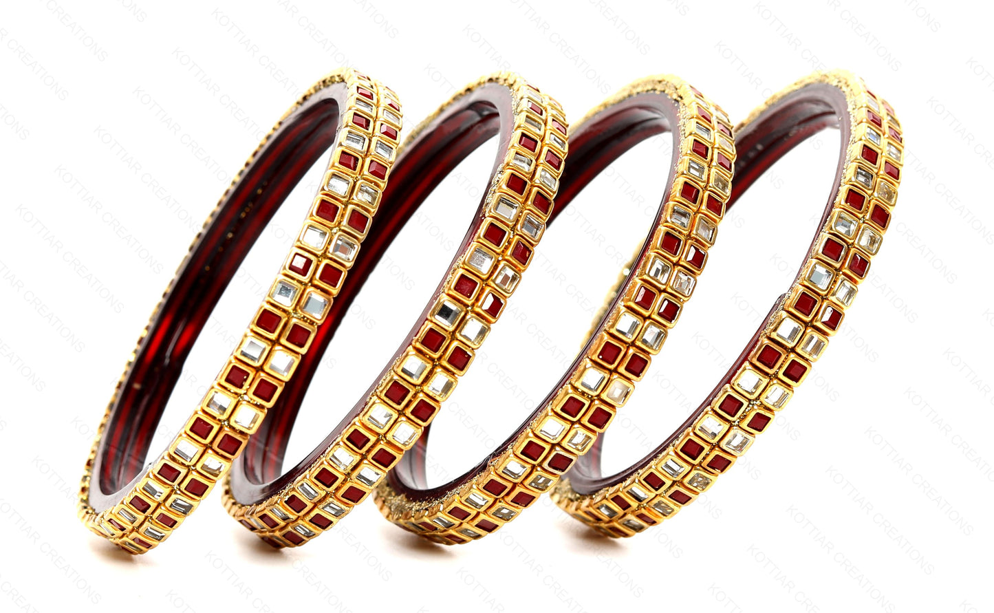 KOTTIAR CREATIONS ALL EYES ON YOUR HANDS Simple and Attractive Glossy Finished Kundan Glass Kada Set For Women and Girls - Pack of 4