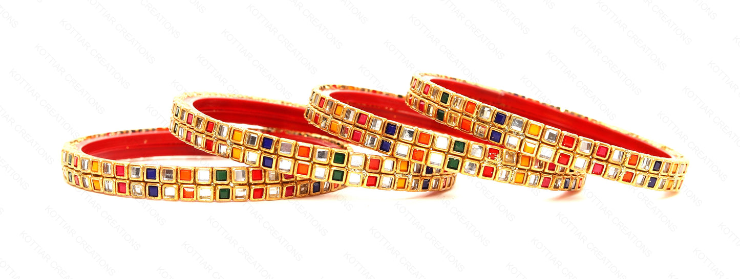 KOTTIAR CREATIONS ALL EYES ON YOUR HANDS Simple and Attractive Glossy Finished Kundan Glass Kada Set For Women and Girls - Pack of 4