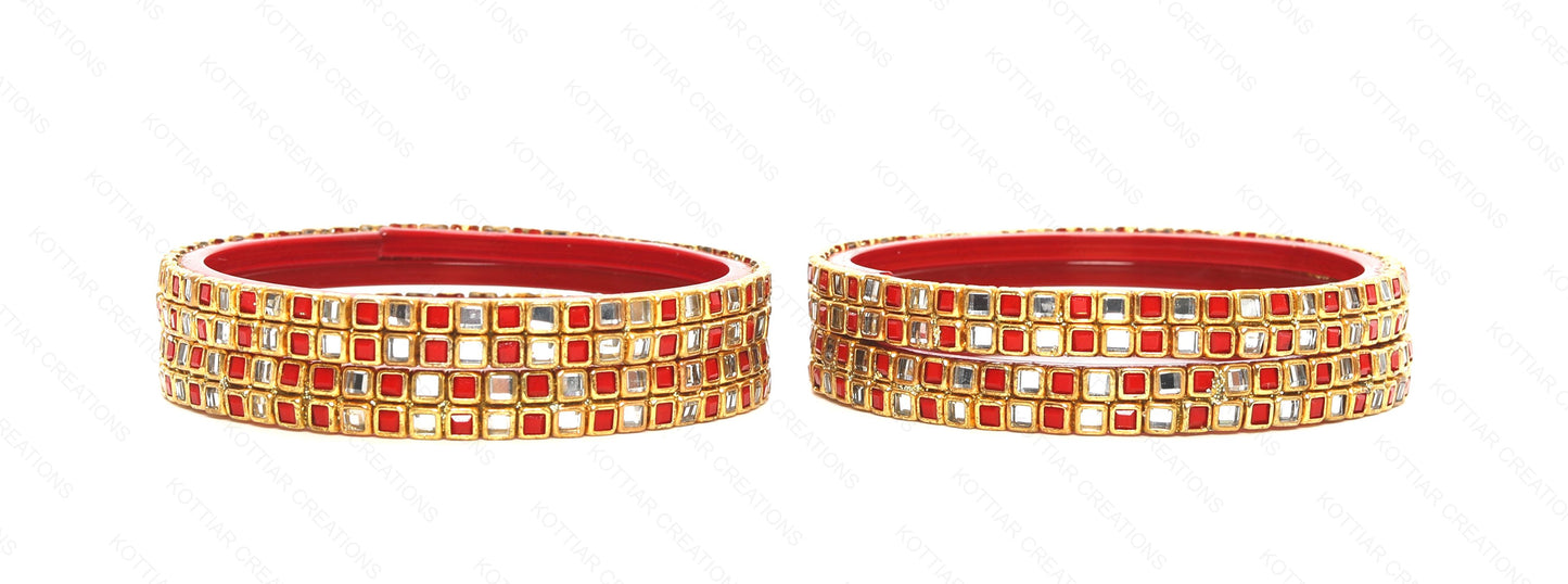 KOTTIAR CREATIONS ALL EYES ON YOUR HANDS Simple and Attractive Glossy Finished Kundan Glass Kada Set For Women and Girls - Pack of 4