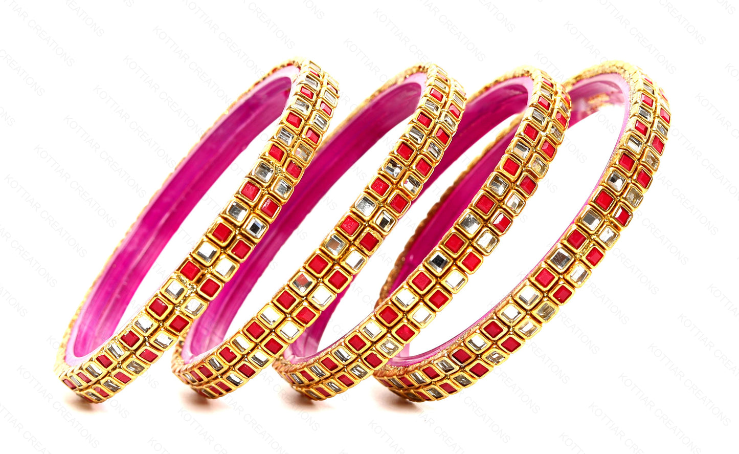 KOTTIAR CREATIONS ALL EYES ON YOUR HANDS Simple and Attractive Glossy Finished Kundan Glass Kada Set For Women and Girls - Pack of 4