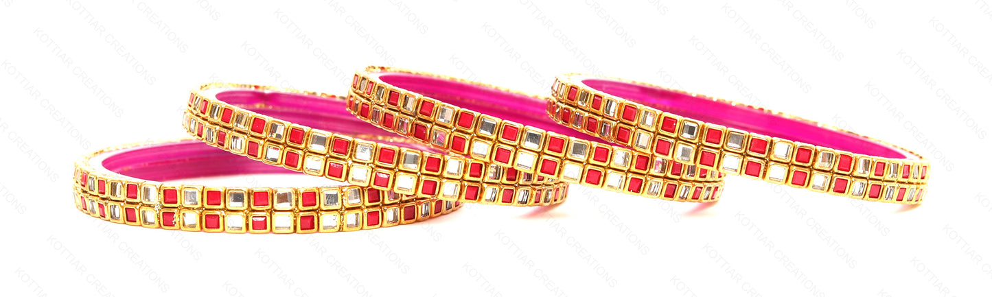 KOTTIAR CREATIONS ALL EYES ON YOUR HANDS Simple and Attractive Glossy Finished Kundan Glass Kada Set For Women and Girls - Pack of 4